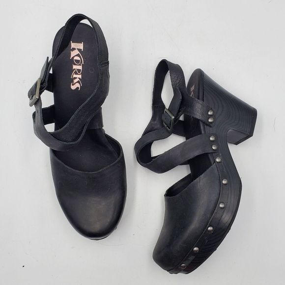 KorkEase Shoes Korks Abloom Clog Sandals Black Leather Round Toe